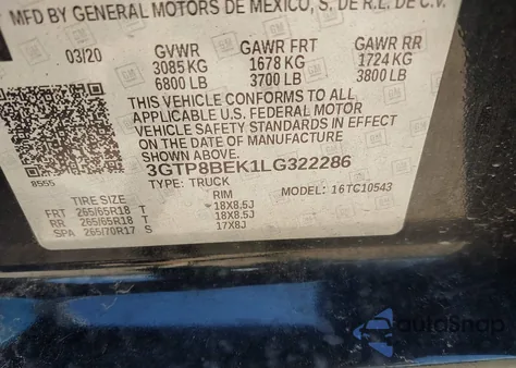 2020 GMC Sierra 1500 2Wd Short Box Sle z USA, uszkodzony, nr VIN 3GTP8BEK1LG322286